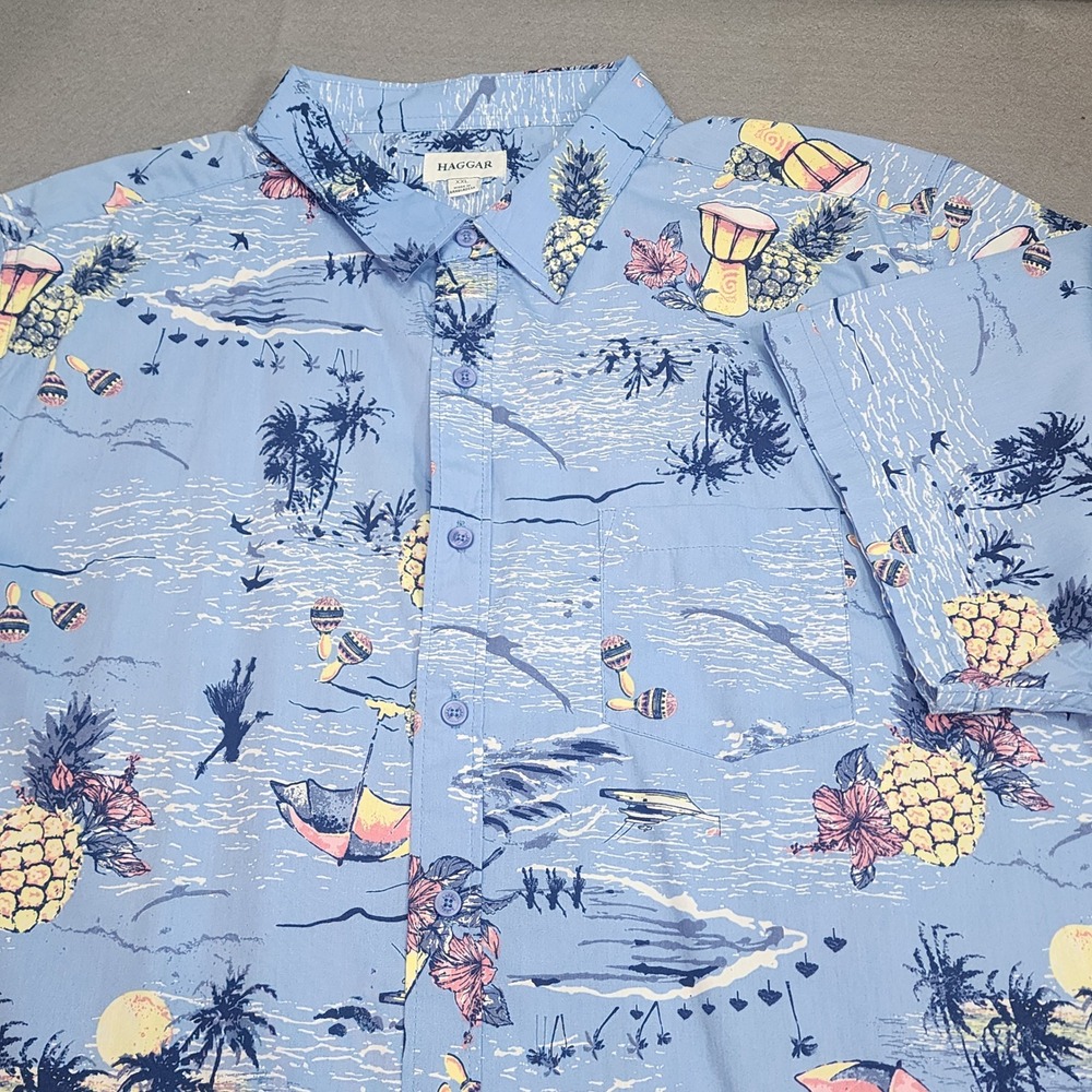 Haggar Button Front Shirt Blue Tropical Pineapple Print Mens‎ XXL Short Sleeve